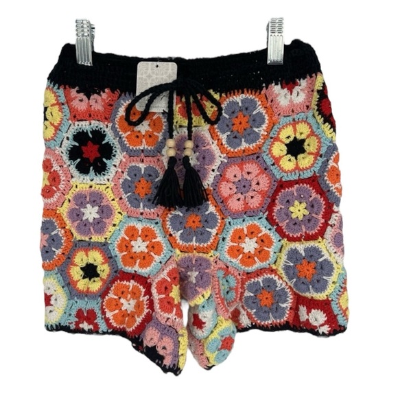 OCEANUS Ava Rainbow Colorful Handmade Drawstring Beach Crochet Shorts XS NWT - Picture 2 of 8